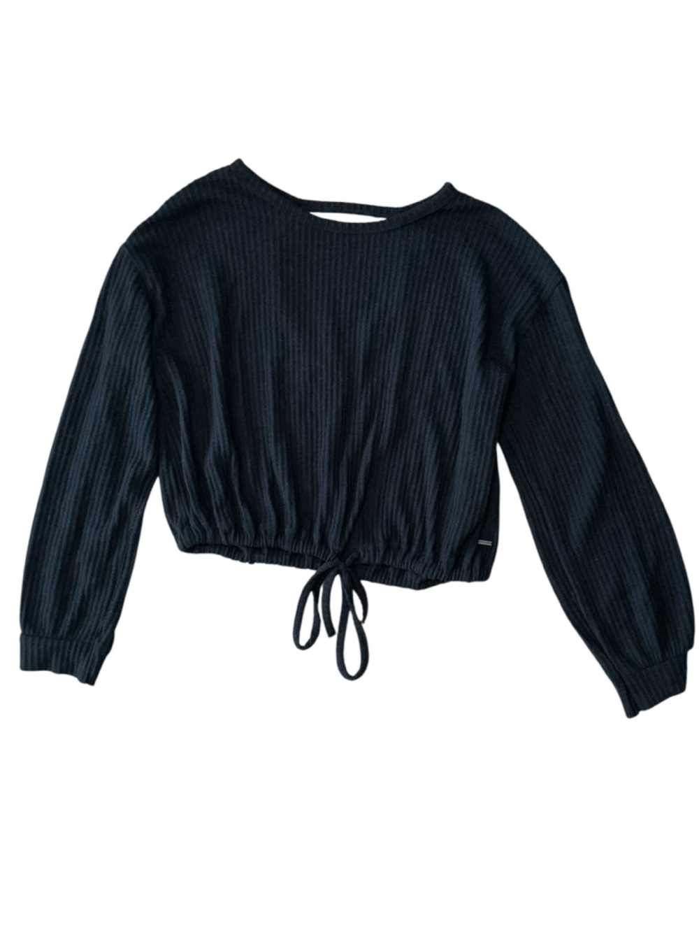 Hollister Ribbed Tie Front Cropped Long Sleeve Top Black XS